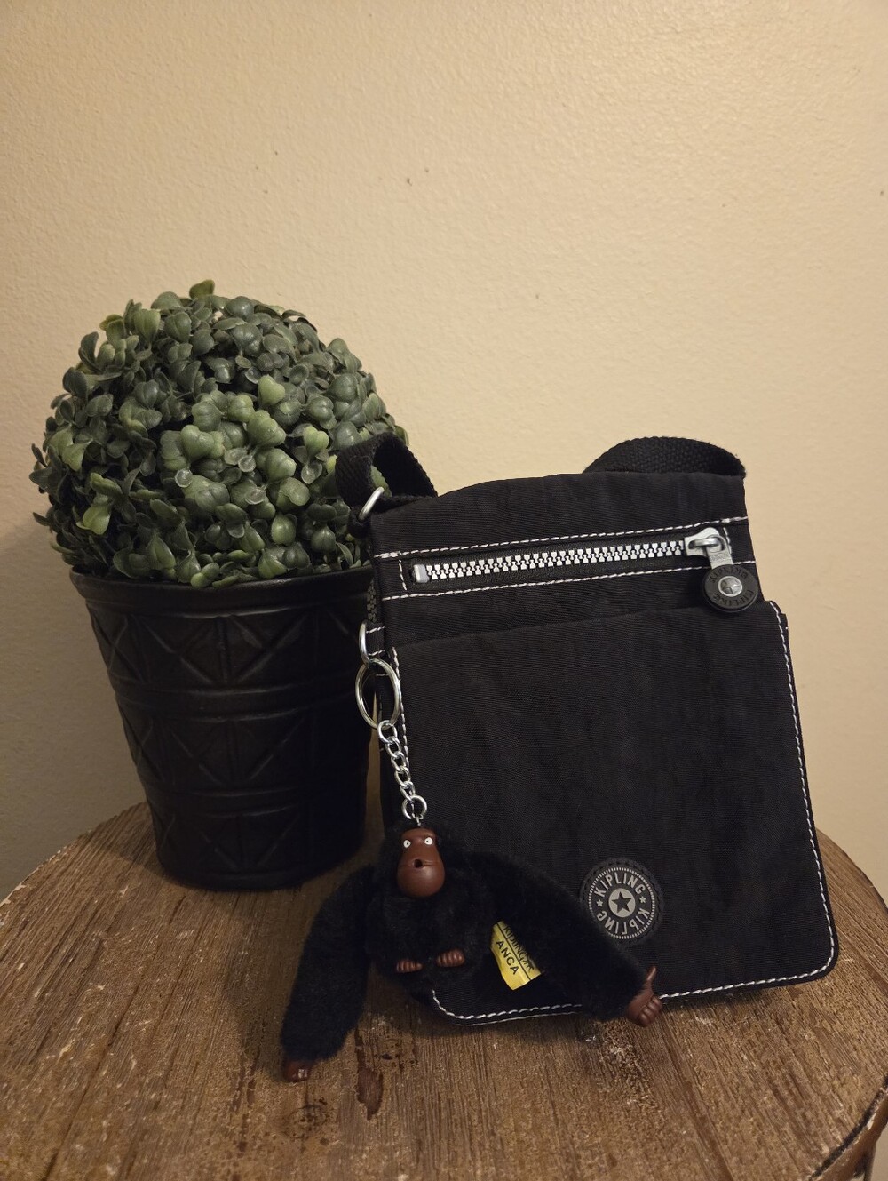 KIPLING Black Waxed Canvas Signature Monkey Charm Crossbody Bag Purse